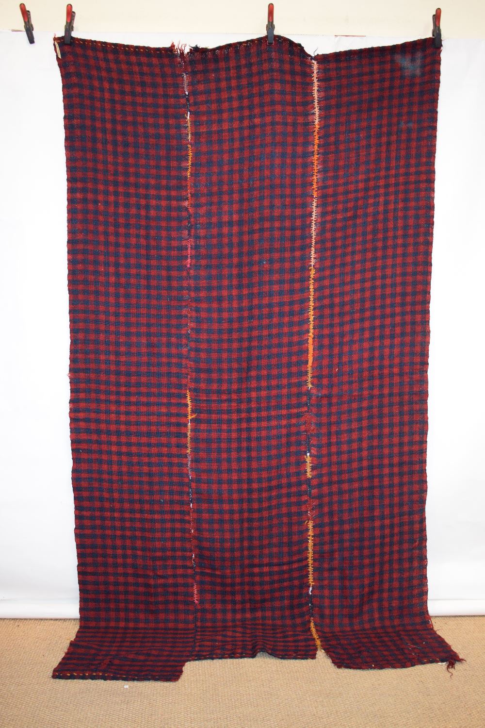 Anatolian wool twill cover in blue and claret check, Diyabakir, south east Anatolia, mid 20th