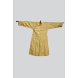 Four Chinese textiles comprising a silk gold damask robe with inner breast pocket, long sleeves,