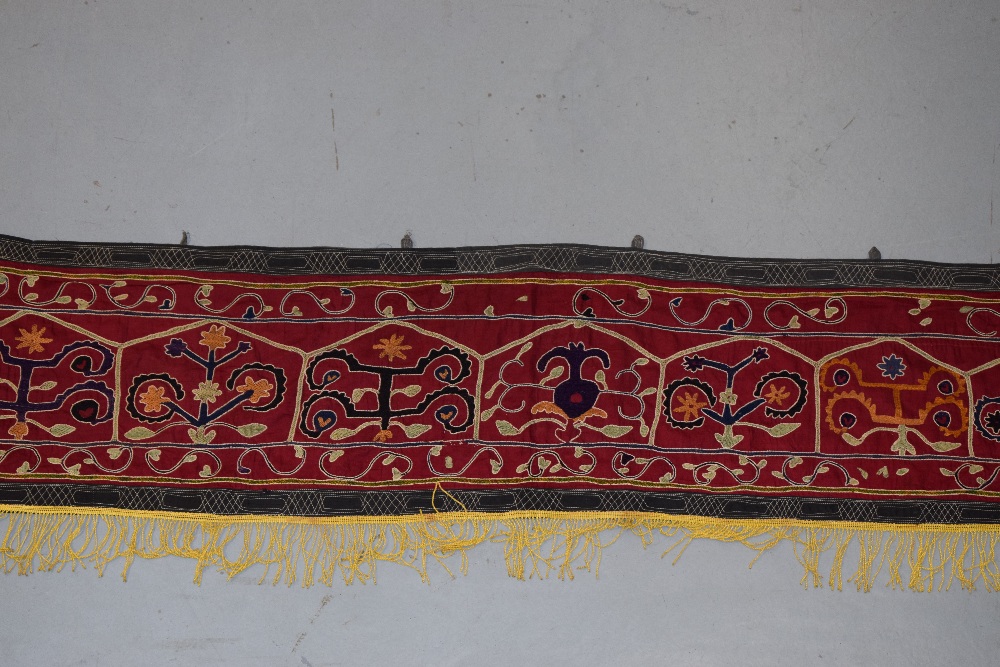 Uzbek red cotton silk-embroidered long door panel, Uzbekistan, first half 20th century, 119in. X - Image 4 of 5