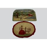 Two hooked pile rugs, the first, American, early 20th century, oval depicting lady in a red dress