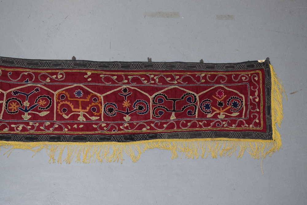 Uzbek red cotton silk-embroidered long door panel, Uzbekistan, first half 20th century, 119in. X - Image 2 of 5