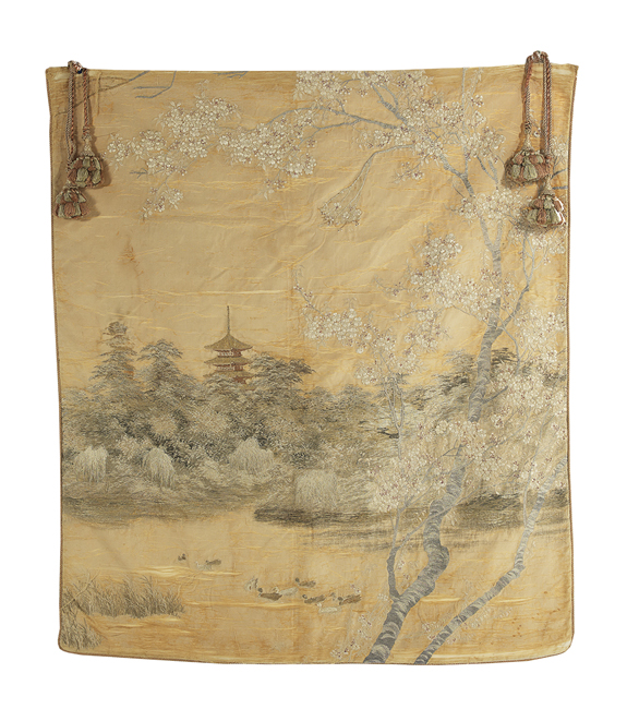 Large Japanese Couched Silk Embroidered Panel