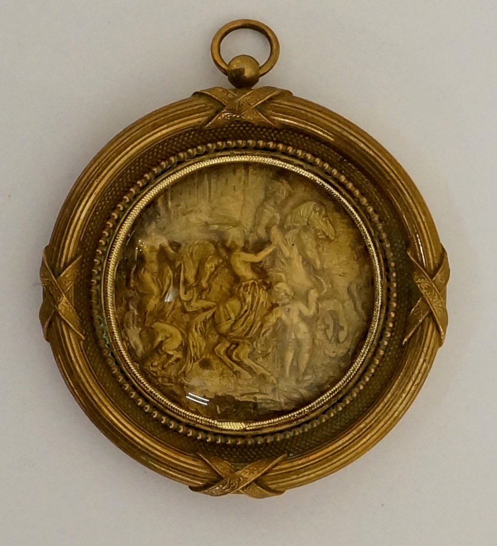 Hunting - A 19th Century gilt bas relief miniature of a falconry party with figures on horses,