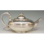 Edward Barnard - A silver tea pot of compressed globular form, reeded band to body,