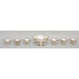 A silver fruit or dessert bowl set comprising: one large bowl and six handled cups,