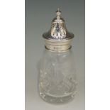 A silver topped glass sugar caster, the faceted body with domed cover and finial,