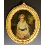 An 18th Century oval portrait of a young woman reading a book before an extensive vista,