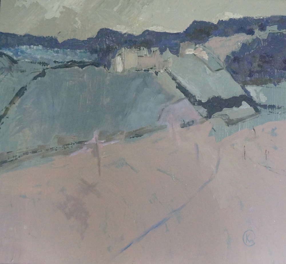 French Fields, oil on artist board, monogrammed lower right, 64cm x 70cm,