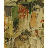 French School, 19th Century - figures in a market, a rainy day, watercolour and pencil,