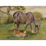 Cecilia Crompton - Mare and Foal, watercolour, signed lower left,