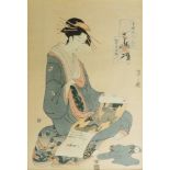 Two Japanese woodblock prints of seated females, one reading a scroll, the other holding a mirror,