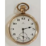 An Omega gold plated pocket watch, top wind, the white enamel face with subsidiary seconds dial,