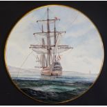A Stefan Nowacki circular plaque, painted with a becalmed three masted sailing ship,