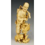 A Japanese single piece ivory carved figure of a traveller with basket of chrysanthemum blooms,