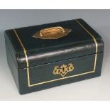 A Victorian gilt tooled green Morocco leather jewelry casket with foliate engraved recessed brass