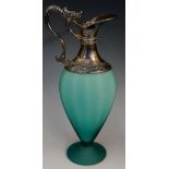 A moulded sea green frosted glass claret jug with white metal mounts,