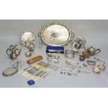 A quantity of silver plated ware to include: a large foliate engraved two handled serving tray,