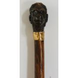 A late 19th / early 20th Century walking stick, the horn handle carved as a monkey's head,