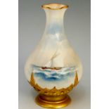 A Worcester vase with fluted spreading neck, the body painted with sailing ship on choppy seas,