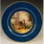 A Royal Worcester circular cabinet plate, painted to the centre with chickens and cockerel by E.