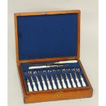 A cased set of fruits knives and forks with servers, comprising eighteen fruit forks,