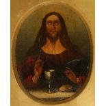 Italian School, 18th Century - Christ with bread and wine, oval oil on panel, 17cm x 13cm,