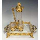 A good Art Nouveau WMF Moser liqueur set comprising: carafe, tray and two small glasses,
