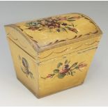 A tôleware dome topped tea box, the cream ground painted to the lid with floral spray,