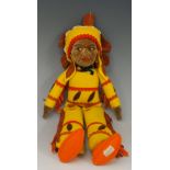 A Norah Wellings Indian Chief doll with velvet moulded face and painted features, black,