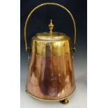 A copper and brass coal bin, the brass top with urnular final,