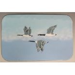 Eren? - a rounded rectangular enamel plaque decorated with Canada geese on a shaded blue cloud