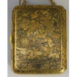 A Japanese etched damascened purse of double hinged rounded rectangular form,