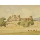 Percy Lancaster - Castle with Cattle, a summer landscape, watercolour,