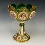 A Victorian overlay green glass pedestal bowl,