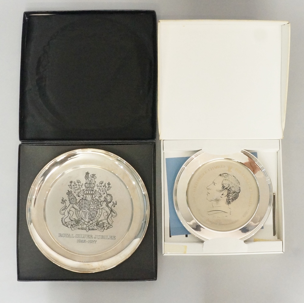 Two silver commemorative dishes, the first celebrating the 30th Birthday of Prince Charles,