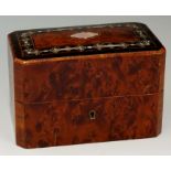 A late 19th Century French scent flask casket, the amboyna case of canted rectangular form,