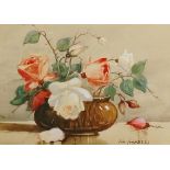 Tom Campbell - still life of roses in a brown glass vase, watercolour heightened with bodycolour,