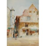 M McCarthy - continental town scene with figures, watercolour, signed, 26cm x 19cm,