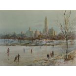 Michael Crawley - Winter, Central Park, New York, watercolour, signed in crayon lower right,