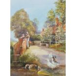 Michael Crawley - figures on a bridge with cottage in the background, ducks to foreground,