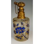 A large perfume atomiser, the body cameo cut with blue flowers and foliage and gilt detailing,