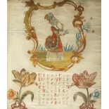 An 18th Century Dutch sampler style watercolour of a female holding a branch and instrument,