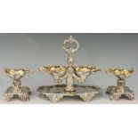 A French silver cruet stand and pair of dishes,