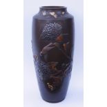 An exceptionally fine large Japanese bronze vase of tall, slightly tapered form,