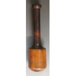 Treen - a large hardwood maul or pestle with cylindrical handle and bun shaped terminal,