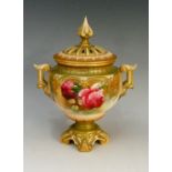 A Hadley's Worcester two handled pedestal vase and cover, the lid with bud finial,