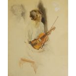 English School, early 20th Century - watercolour of a seated female viola player,