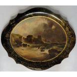 A Victorian black papier maché shaped oval tray,