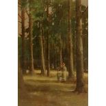 George Pope - mother and child walking through pine forest, oil on mahogany board,