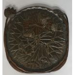 A large Japanese two handled "lily pad" stained softwood tray finely carved with a goose, frogs,